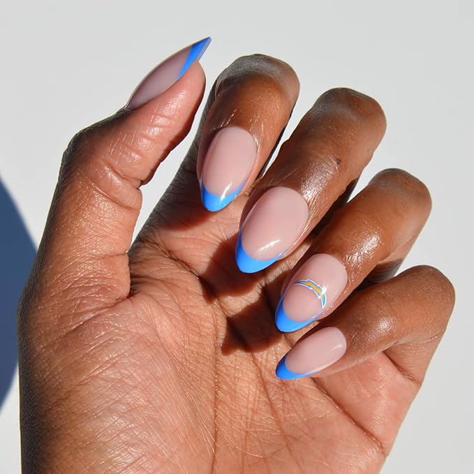 Glamnetic x Fanatics Press On Nails - Los Angeles Chargers | Short Almond Fake Nails, NFL Chargers Blue French Tips, Football Nails, Salon-Quality | 15 Sizes - 30 Nail Kit with Glue