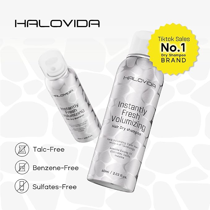 HALOVIDA Dry Shampoo for Women, Invisible Travel Size Dry Shampoo Spray for Dark Hair Leaves No White Residue, Absorb Oils, Volumizing & Refresh Hair for 72 Hours, 2.03 Fl Oz