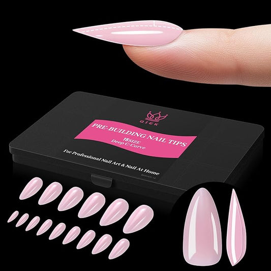 Qiek Medium Almond Pre-Building Nail Tips, 15 Sizes 240 PCS Pre-shaped Apex Pink Soft Press On Fake Nail Half Matte Gel Nail Extensions Strong Thick Acrylic Tip for DIY Beginners & Salon Manicure
