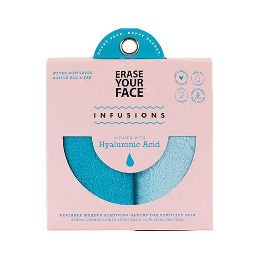 ERASE YOUR FACE Infusions Reusable Makeup Remover Cloths - Hydrating Makeup Wipes Infused with Hyaluronic Acid - Water Activated & Suitable for Sensitive Skin (2 Count)