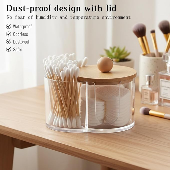 Quilax Cotton Round Holder, Dual Compartment Qtip Dispenser with Removable Dustproof Lid, Clear Plastic Cotton Pad Holder, Countertop Cottons Ball Holders Storage Container