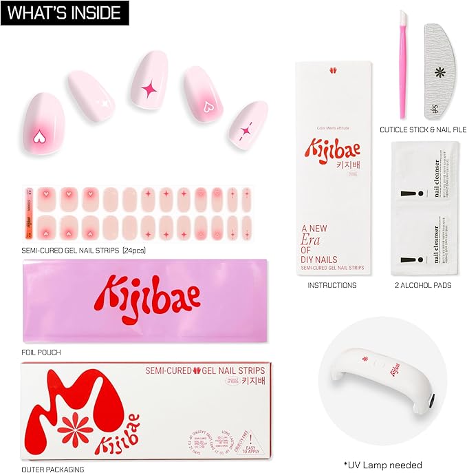 Baby Pink Semi Cured Gel UV Nail Stickers with Stars + Manicure Kit - 24 pcs Trendy Style Gel Polish Strips, 60s UV Gel Nail Strips, Salon Quality, Girl Coquette Nail Decal Wraps Durable up to 3-Weeks