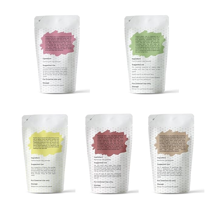 Pack of 5 Clays For Mask Making & Soap Making | Rose Clay, French Green Clay, Kaolin, Moroccan Red and Bentonite Clay | 8oz Each | Best Variety Pack For DIY Projects | By Yogi’s Gift ®