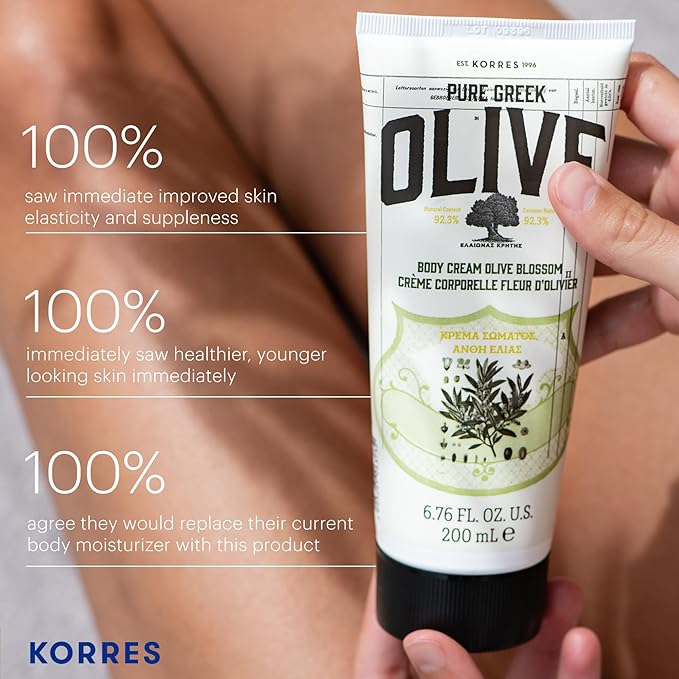 KORRES Olive Body Lotion for Dry Skin Moisturizer Cream with Vitamin E, Aloe and Pure Greek Olive Oil for Body Care, Hydrating & Nourishing for Smooth, Supple Skin, Olive Blossom Scented, 6.76 fl oz