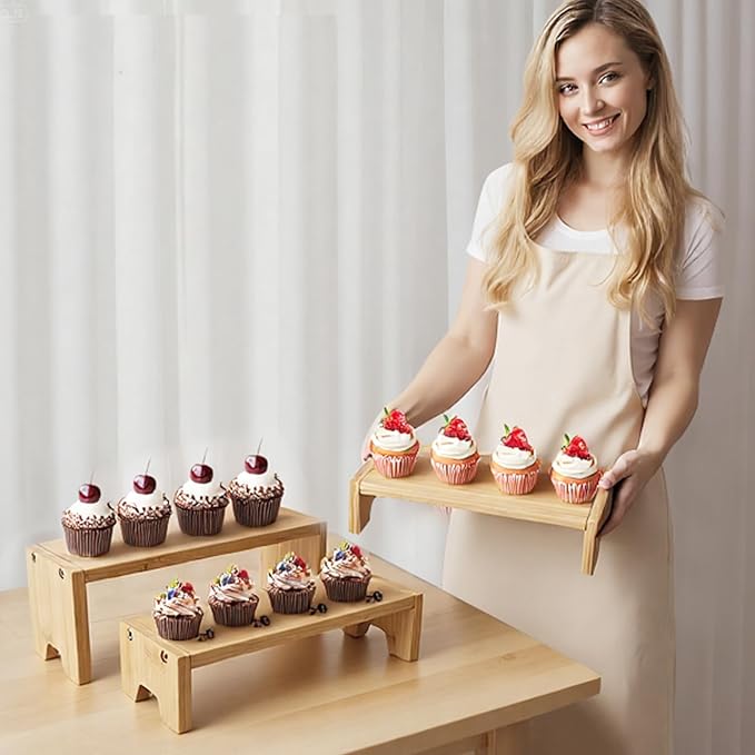 Natural Bamboo Display Stand Risers, 3 Tier Bamboo Organizer Stand with Independent Shelf for Cupcake, Perfume, Cologne, Figurine, Spice, Candle, Tiered Riser Rack for Table Display, Kitchen, Retail, Home Decor