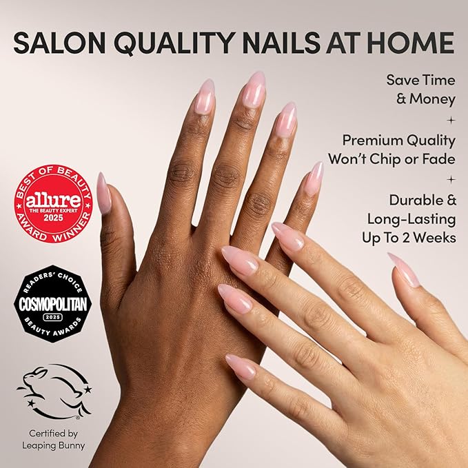 Glamnetic Press On Nails - Cloud 9 | Jelly UV Finish Medium Pointed Almond Shape, Salon Quality Pink Nail Kit in 15 Sizes, Semi-Transparent - 30 Nail Kit with Glue
