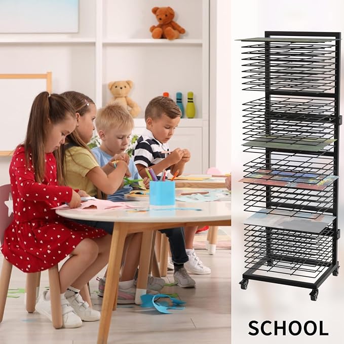 Art Drying Rack with 36 Shelves, Wall Mount Painting Drying Rack for Classroom, Studio, Mobile Canvas Rack Art Storage with 4 Wheels, 17 5/16” W X 15 1/4” D X 55 1/2” H