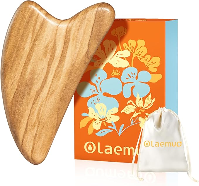 Gua Sha Facial Tools - Face Massager Tool for Lymphatic Drainage, Jawline Shaper, Double Chin Reducer, Face Sculpting Tool with Pouch - Skin Care Gift for Mum Wife, Natural Olive Wood