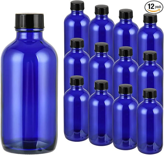 Exlvanto Small Glass Bottles with Lids Boston Round Shot Bottles for Health, Immunity, Ginger Juice, Essential Oils, Potion - Leak Proof Mini Travel Containers (Blue UV, 4oz-12Pack)
