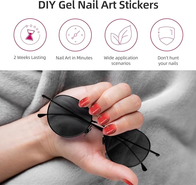 DUKASOU Semi Cured Gel Nail Strips, 56Pcs Red New Years Nail Art Stickers/Wraps, Long Lasting UV Nail Polish Strips for Adults(Red Foil+Caramel)