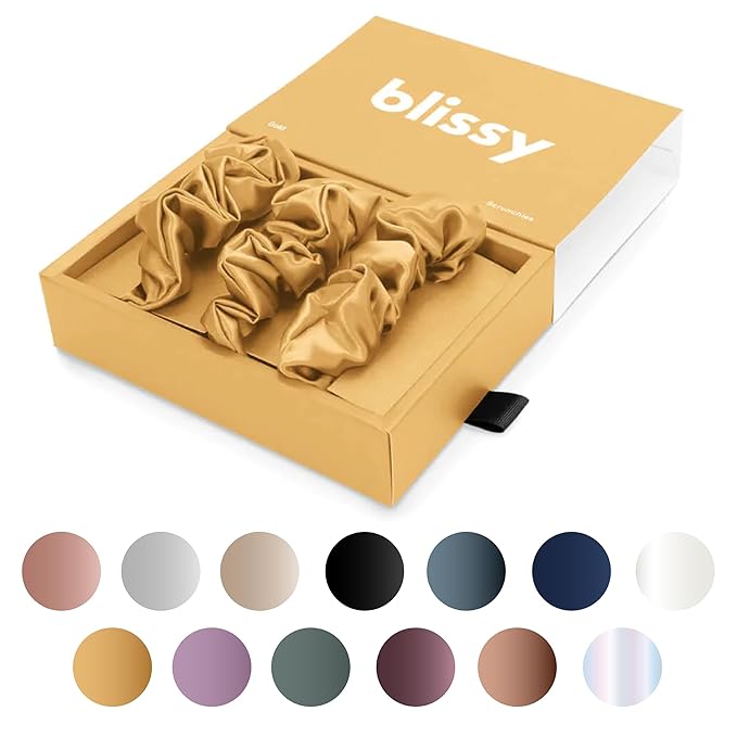 Blissy Silk Scrunchies (3 Pack) - 100% Pure Mulberry Silk - 22 Momme 6A High-Grade Fibers Scrunchie for Straight & Curly Hair - Preventing Breakage, Tangling, & Creasing (Gold Regular)