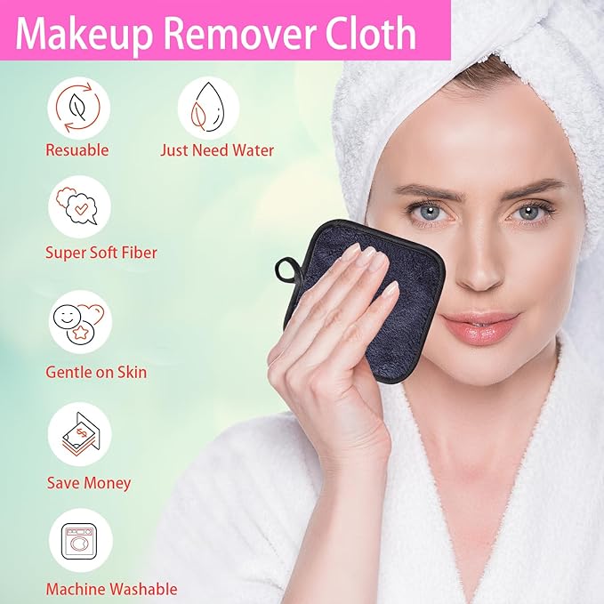 BloomSesame Makeup Remover Cloths for Face, Eye, Lips - Reusable Face Cleansing Cloth Microfiber Makeup Remover Pads 5 x 5 inch 6 Pack (Black)