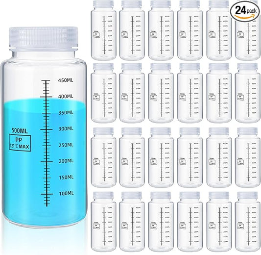 Tatuo 24 Pcs 16 oz 500 ml Polypropylene Plastic Sample Bottles with Screw Caps Sample Containers with Lid for Liquids, Reagent, Pill, Travel, Laboratory, Storage at Home(Wide Mouth-dark Scale)