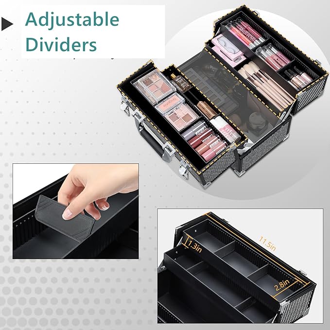 Joligrace Makeup Train Case Professional Cosmetic Organizer Aluminum Storage Box with 4 Adjustable Dividers Trays Lockable Portable with Shoulder Strap