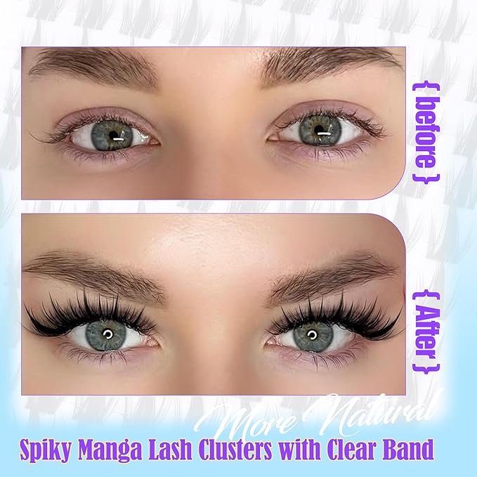 Manga Lash Clusters Kit with Spikes Natural Eyelash Clusters Kit Invisible Band Spiky Clusters Eyelash Extensions Kit Wispy DIY Anime Lash Extension with Lash Bond and Seal, Tweezers