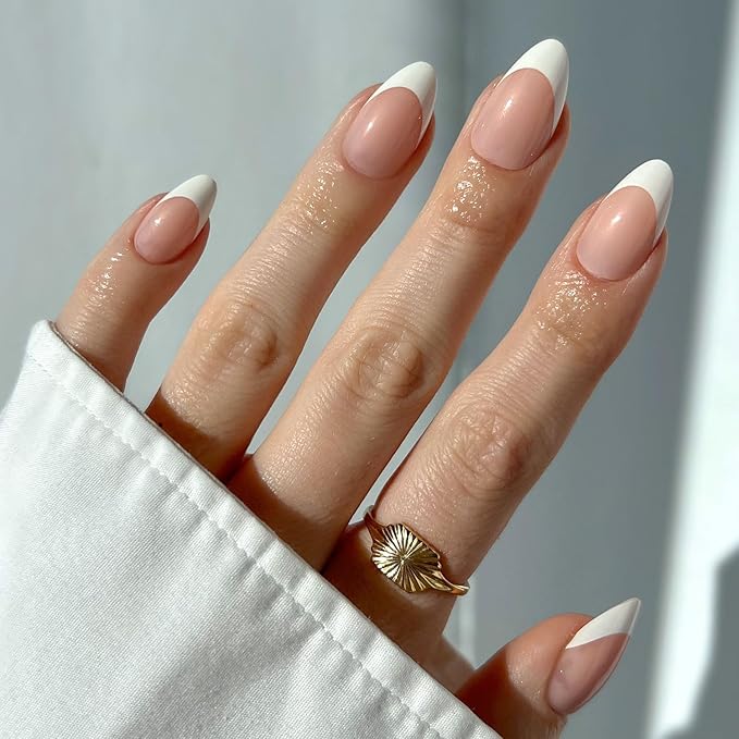 Glamnetic Press On Nails - MaDamn | French Tip Nails, UV Finish Short Pointed Almond Shape, Salon Quality Semi-Transparent Nails in 12 Sizes - 24 Nail Kit with Glue