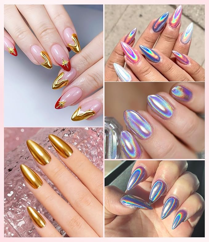 BISHENGYF Gold Chrome Nail Powder - Sparkly Laser Holographic Nail Powder Metallic Mirror Effect Silver Nail Chrome POwder, White Pearl Pigment Holo Iridescent Glitter Dust Kit, Nail Art Decoration