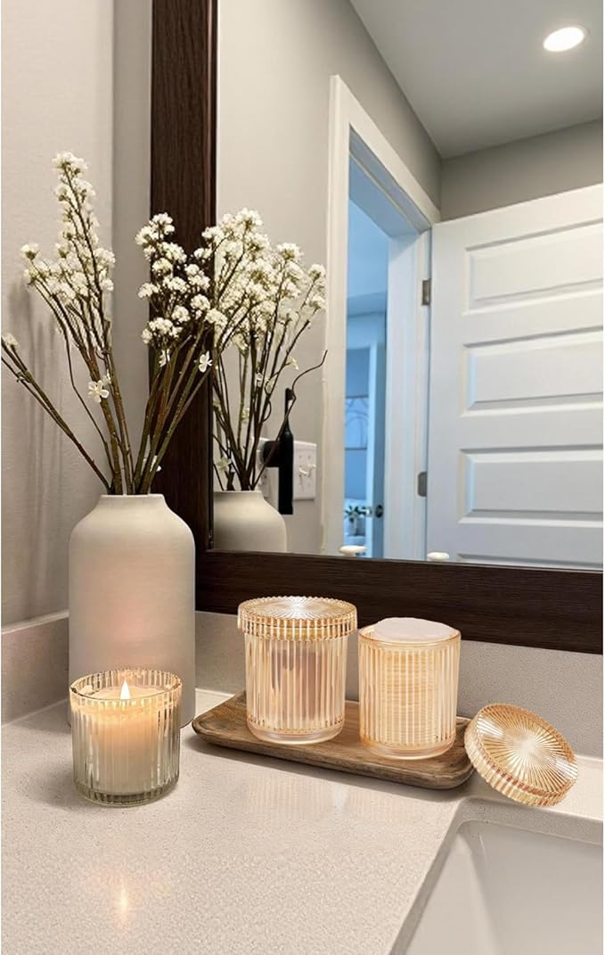 SheeChung Amber Glass Apothecary Jars 2-Pack - Vintage Sunburst Bathroom Organizer & Storage Set - Qtip Holder Dispenser, Vanity Canister for Cotton Swabs, Balls, Pads - Luxury Modern Farmhouse Decor