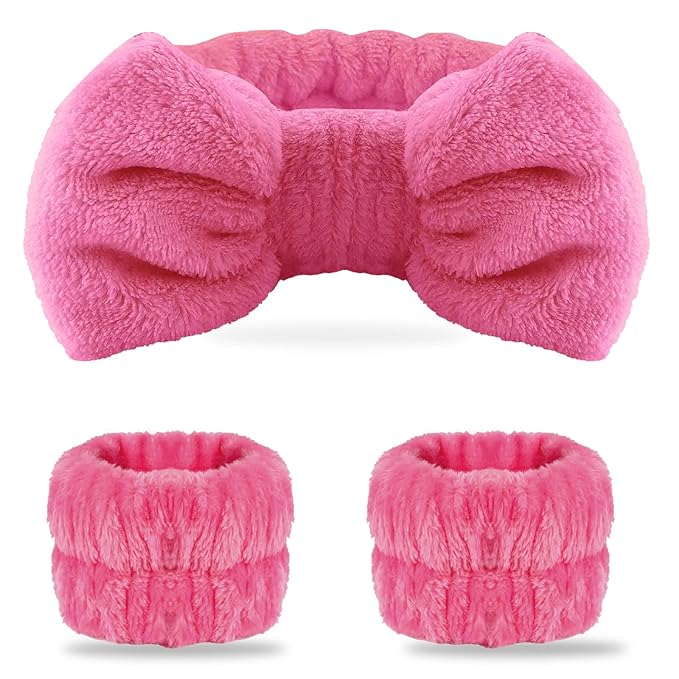 WSYUB Spa Headband and Wrist Bands for Makeup & Face Wash, 1 Set, Watermelon red