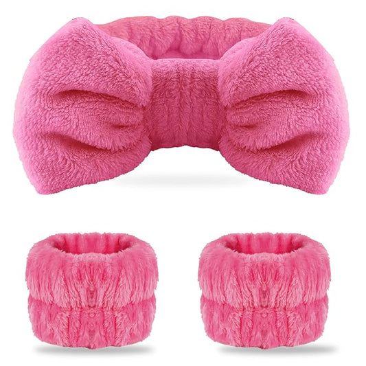 WSYUB Spa Headband and Wrist Bands for Makeup & Face Wash, 1 Set, Watermelon red
