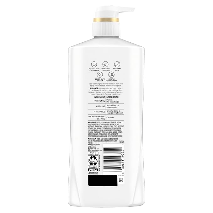 Pantene Shampoo, Daily Moisture Renewal - Pro-V Nutrients for Dry, Color-Treated, Straight to Curly Hair, 72-Hour Hydration & Softness, Paraben Free, Cleanses, Strengthens Bonds, 27.7 Fl Oz