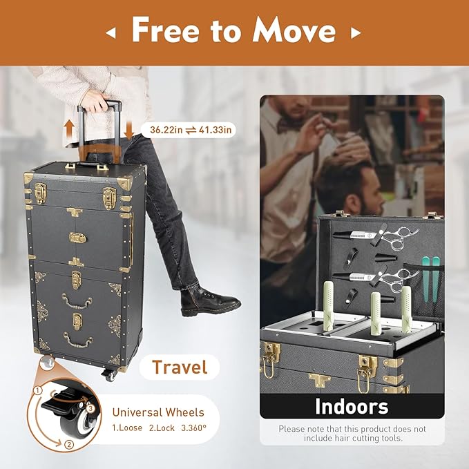 Beauty Salon Luggage, Rolling Lockable Makeup Train Case, Hairdressing Trolley Stylist Beauty Salon Cosmetic Luggage Travel Organizer Tool Box with Hair Dryer Holder for Makeup, Black