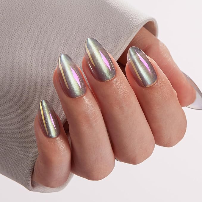 VSALON Press on Nails Short Almond - Holographic Chrome Cat Eye Nails Kit for Women, Reusable Aurora Effect Transparent Soft Gel Fake Nails with Glue - 32 PCS Stick On Nails in 16 Sizes