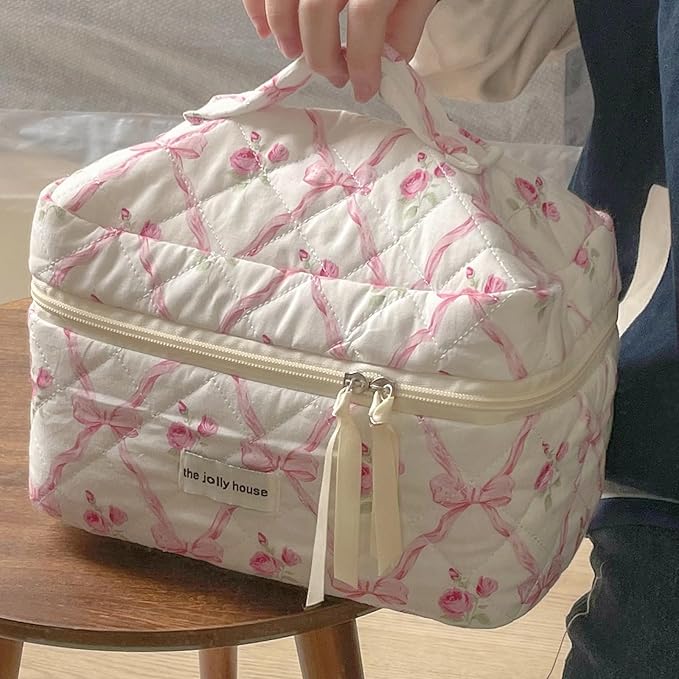 Cute Makeup Bag Aesthetic Floral Quilted Cotton Cosmetic Bag Travel Organizer Toiletry Pouch 3 Pack Set (01Pink Bow)