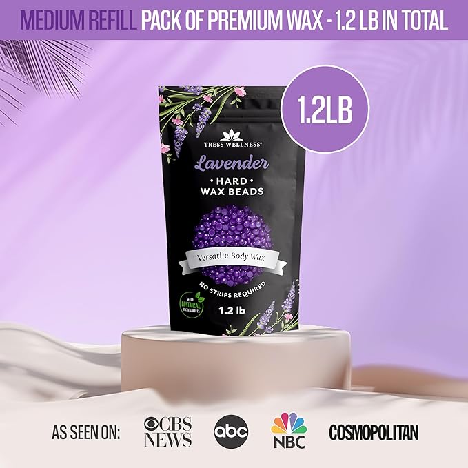 Tress Wellness Wax Beads - Safe for Skin - Dermatologically Tested - At-Home Kit for Bikini, Brazilian & Full Body - Lavender 1.2