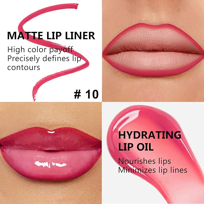 Jutqut Red Lip Liner and Gloss Lip Kit, Waterproof Long-Lasting Combo Set with Matte Lip Liner Pencil and Non-Sticky Pluming Tinted Gloss, Highly Pigmented Lipliner Set for Women (10 Red)