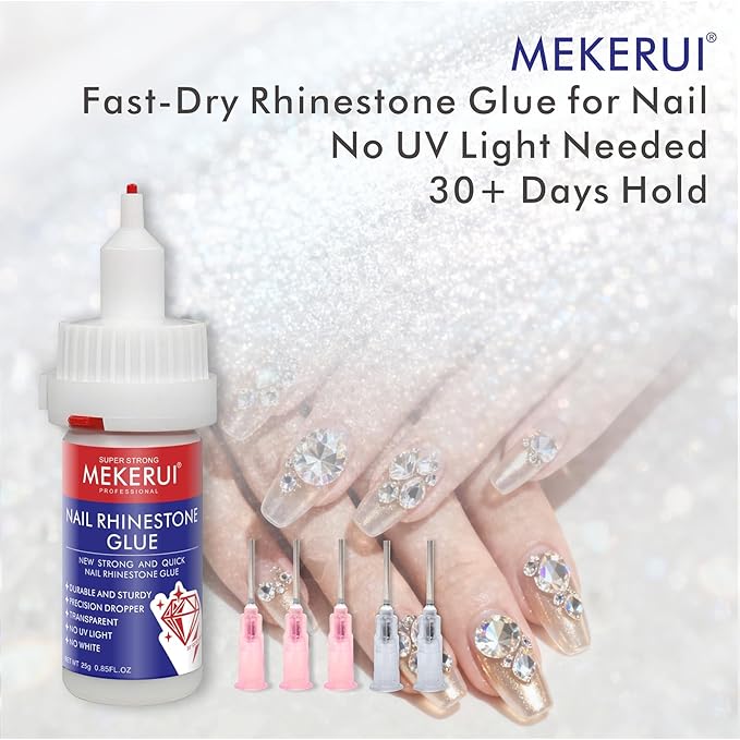 Mekerui Quickly Dry Rhinestone Glue for Nail – No UV Needed – Precision Dropper + Needle – 30+ Days Clear Hold – Nail Art Rhinestones Design Tools