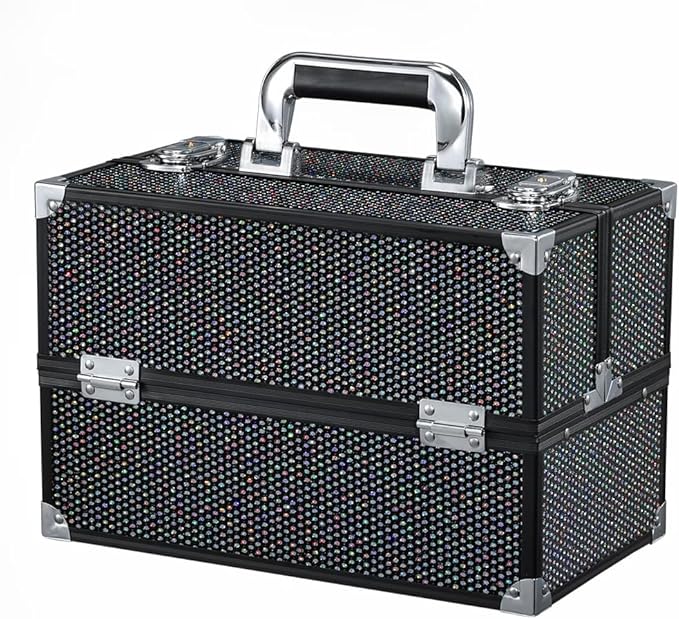 Joligrace Makeup Train Case Professional Cosmetic Organizer Aluminum Storage Box with 4 Adjustable Dividers Trays Lockable Portable with Shoulder Strap
