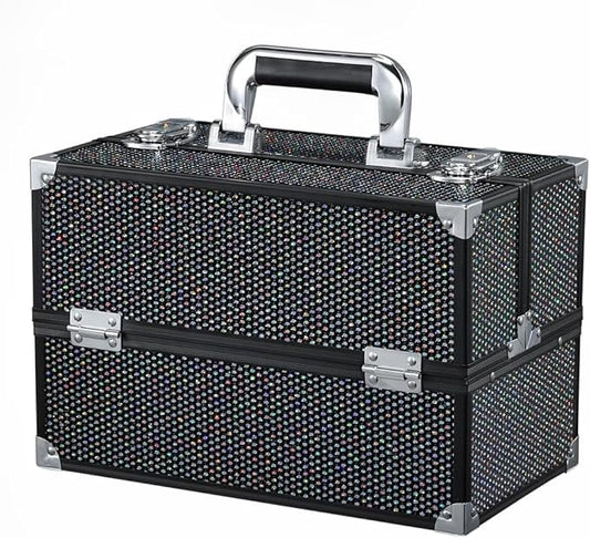 Joligrace Makeup Train Case Professional Cosmetic Organizer Aluminum Storage Box with 4 Adjustable Dividers Trays Lockable Portable with Shoulder Strap