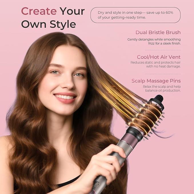 Vincofy 7-in-1 Hair Dryer Brush Blow Dryer, Hot Air Brush Styler with Travel Bag– Fast Drying, Curling, Straightening & Volumizing – 1500W High-Speed Motor 110,000 RPM – All Hair Types – Pink