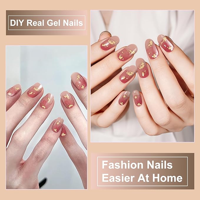 DUKASOU Semi Cured Gel Nail Strips, 56Pcs Nail Art Stickers/Wraps, Long Lasting UV Nail Polish Strips for Adults(Gold Peach Red+Gradient Pink)