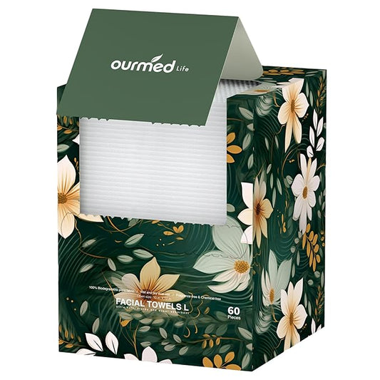 Ourmed Life Face Towels, 12"×12" Tear-Off Disposable Biodegradable Facial Towels for Sensitive Skin, Lint- free Face Wipes for Washing Face, Skincare and Makeup Removal, Dry Wipes, (60 Ct, 1 Pack)
