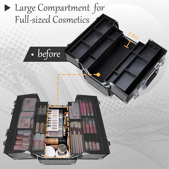 Joligrace Makeup Train Case Professional Cosmetic Organizer Aluminum Storage Box with 4 Adjustable Dividers Trays Lockable Portable with Shoulder Strap