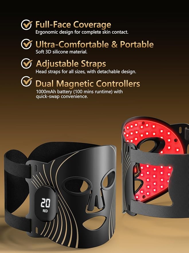 Red Light Therapy for Face, 4 Modes LED Face Mask Light Therapy, 2000mAh Cord-Free Controller with 400 LEDs, Blue, Orange, 850nm Near-Infrared Light Mask with Timer Function at Home (Black)
