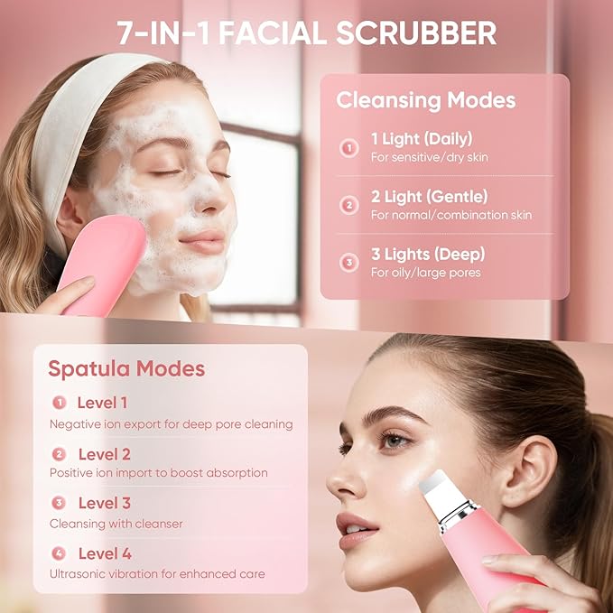Silicone Face Scrubber Blackhead Scraper Rechargeable 2-in-1 Facial Cleansing Brush & Skin Spatula Duo, IPX7 Waterproof Exfoliating Massager Deep Cleansing for Women and Men（Baby Pink）