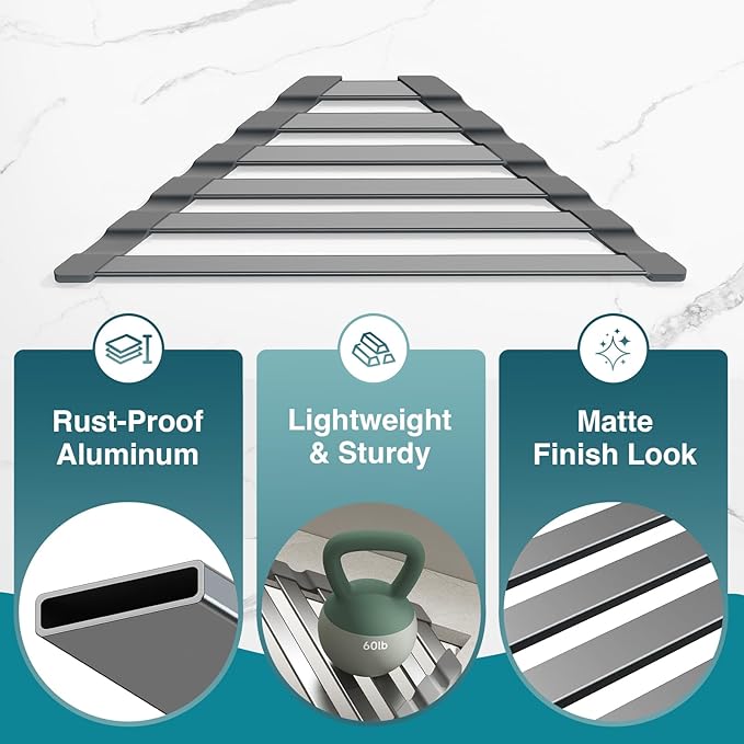 Triangular Dish Drying Rack, Sponge Holder for Kitchen Sink Multipurpose Over The Sink Aluminum Draining Rack Non-Slip, Easy to Clean and Space Saving, Triangular 16 x 9.5inch Matte Grey