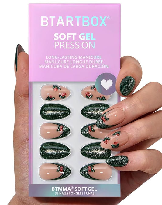 BTArtbox Press On Nails Almond - Holly Hypnotic, 3D Cheey Short Glitter French Tip Christmas Press On Nails with Glue and Adhesive Tabs for Women in 16 Sizes - 32 Soft Gel Glue On Nails Kit