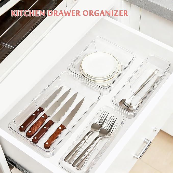 15 Pcs Extendable Drawer Organizer Set, 2 Sizes Adjustable Storage Drawer Units, Clear Plastic Makeup Vanity Organizer for Makeup, Stationeries, Multiple Gadgets for Bathroom, Office, Bedroom
