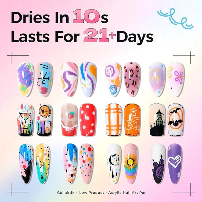 GELLAKTIK 18 Colors Nail Art Pens Set, 3D Nail Polish Pens Quick-Drying Acrylic Paint Markers, Dotting Liner Brush for DIY Nail Design, Home & Salon Manicure Tools