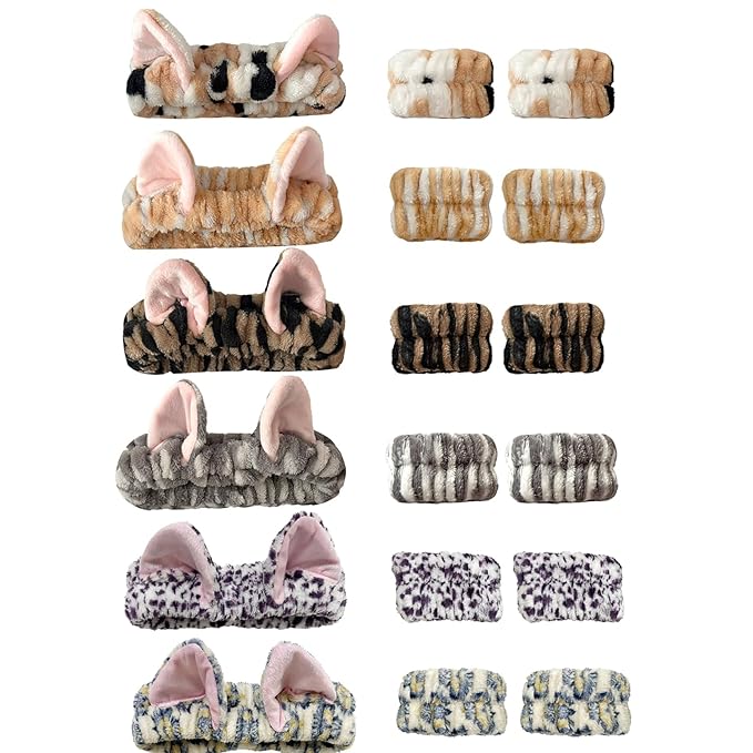 Gniwhd 18PCS Cute Cat Ears Spa Headband for Washing Face Makeup Skincare Headband with Wrist Bands, Sleepover Party Supplies for Women/Teen Girl Trendy Stuff Present (18PCS Cat Ears, standard size)