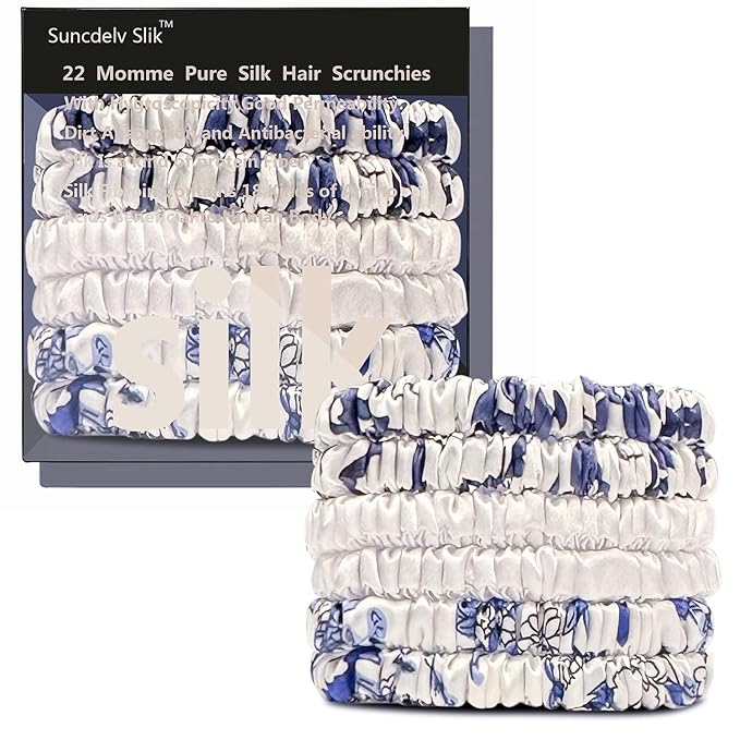 Suncdelv Silk,100% Silk Scrunchies for Hair,22 Momme Hair Ties for Anti-Crease & Breakage,Natural Women Hair Accessories，Fashion Hairbands(Blue And White Porcelain)