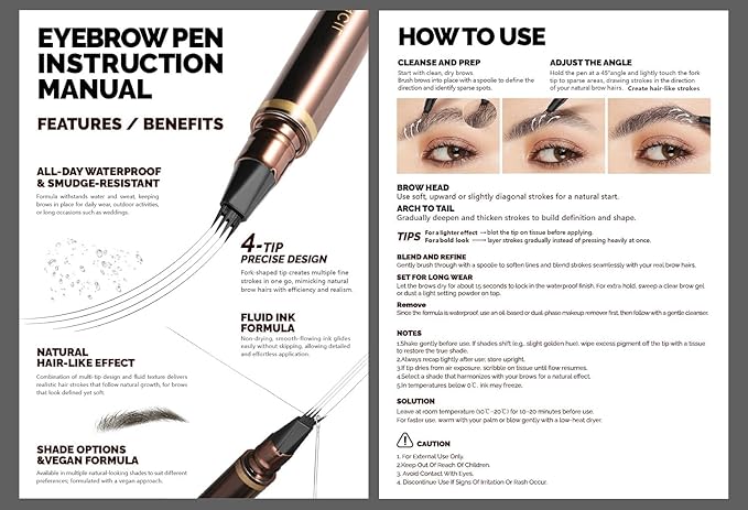2 Pack 4-Tip Microblading Eyebrow Pen with 2 Brow Brushes, Waterproof Vegan Formula Eyebrow Pencils for Women to Effortlessly Create Natural Hair-Like Strokes, All-Day Wear (Black)