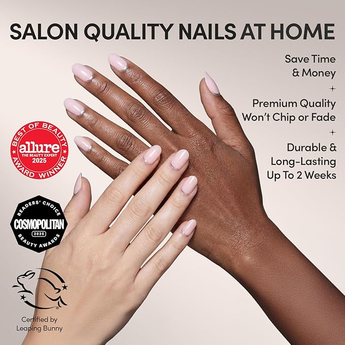 Glamnetic Press On Nails - Silver Belle | Short Round Natural Base Nails with 3D Silver Foil in a Glossy Finish | 12 Sizes - 30 Nail Kit with Glue
