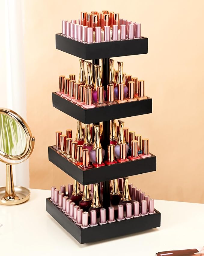 Homde Nail Polish Display Stand and Storage: 360 Degree Rotating Bamboo Rack Organizer, 4 Tier Makeup Holder for Fast Access on Countertop or Vanity for Girls & Women,Black