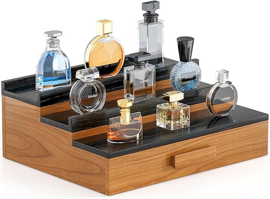 Solid Walnut Wood Cologne Organizer for Men,3 Tier Cologne Stand Display Shelf with Hidden Compartment and Drawer,Perfume Stand Organizer,Perfume Display Holder,Great Gift for Men Father