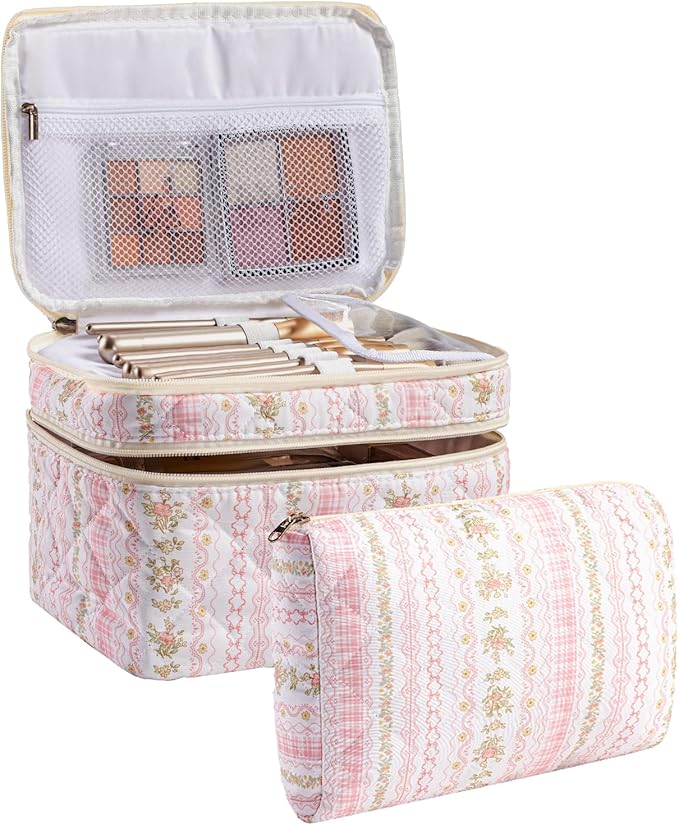 HBselect 2Pcs Travel Makeup Bag, Large Cotton Quilted Makeup Bag Cosmetic Bag Cute Make up Bag Toiletry Bags for Women Girls